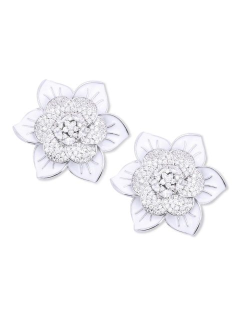 

shaze Silver-Toned Rhodium Plated CZ-Studded Floral Studs