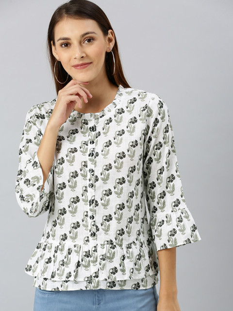 

Shakumbhari White Floral Printed Bell Sleeves Pure Cotton Regular Top