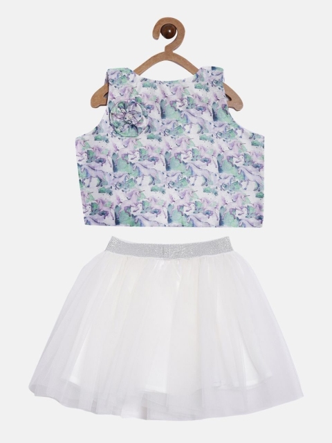 Aomi Girls White & Purple Printed Top with Skirt