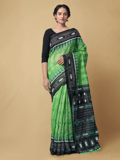 

Unnati Silks Green Pure Silk Printed Sambalpuri Saree