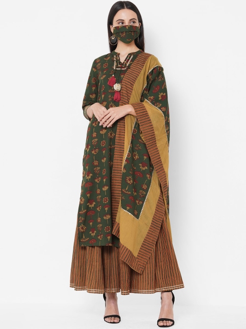 

FASHOR Women Green & Brown Printed Kurta with Sharara Dupatta & Mask