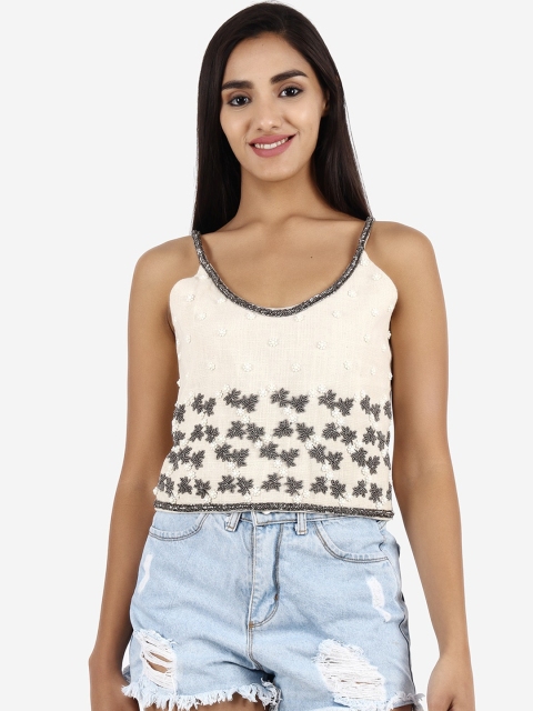 

Diwaah Off White Embellished Regular Cotton Crop Top