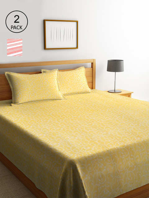 

KLOTTHE Set Of 2 Striped Double King Bed Covers With 4 Pillow Covers, Yellow