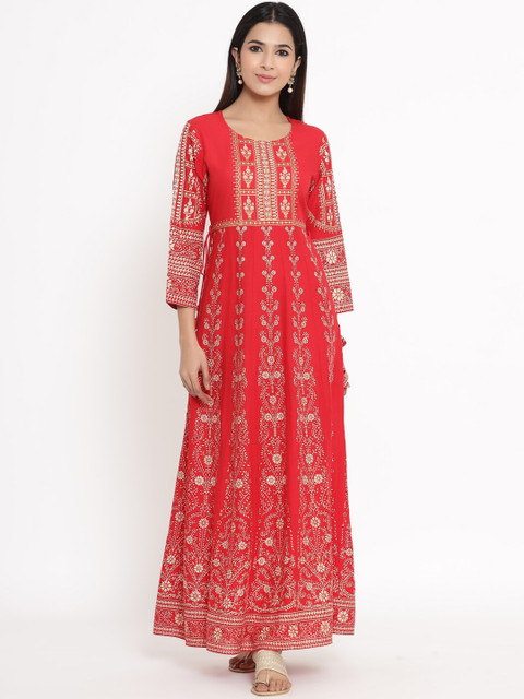 

Kipek Women Red & Gold-toned Ethnic Motifs Printed Anarkali Kurta