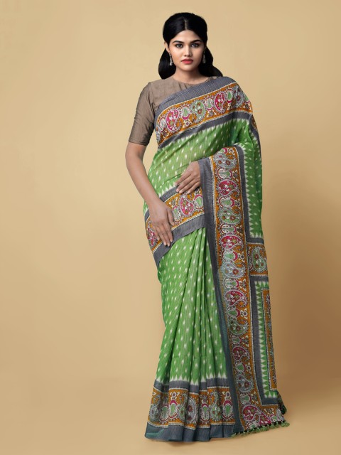 

Unnati Silks Green Pure Silk Printed Sambalpuri Saree