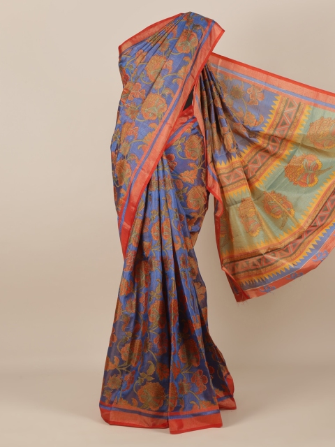 

Pothys Blue & Orange Jute Silk Printed Saree