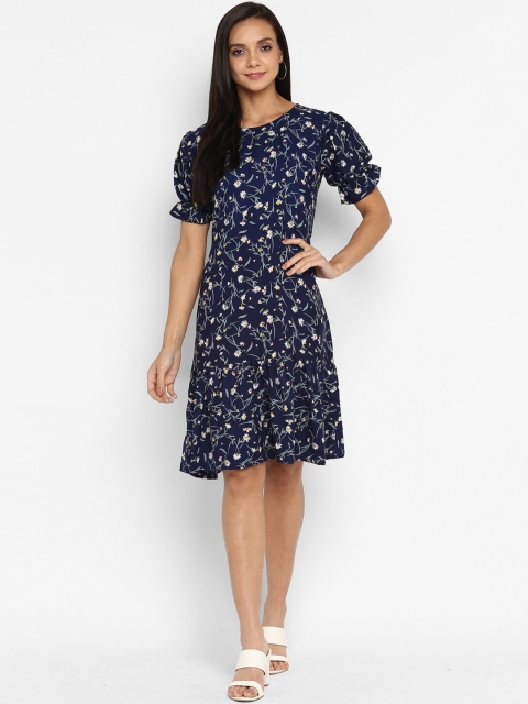 

Fbella Women Navy Blue Floral Printed Drop Waist Dress