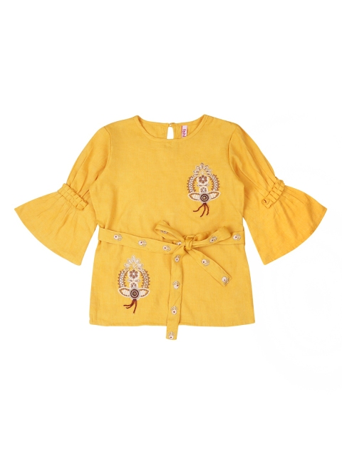 

Ishin Designer Studio Yellow Floral Printed Bell Sleeves Cinched Waist Top