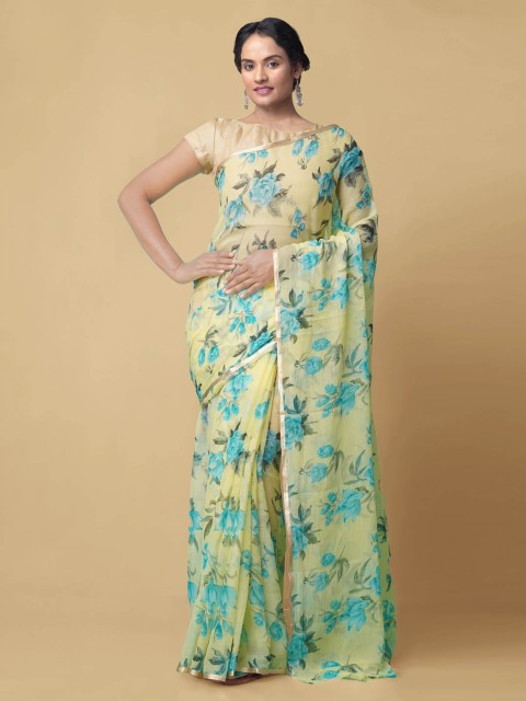 

Unnati Silks Yellow Pure Chiffon Printed Baluchari Saree