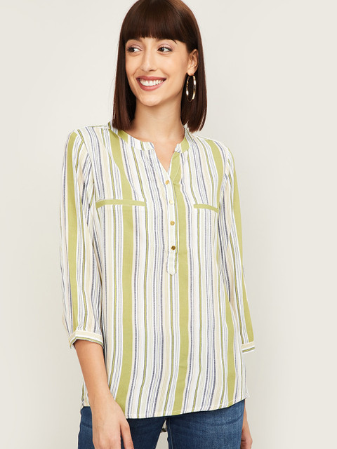 

Fame Forever By Lifestyle Multicoloured Striped Mandarin Collar Regular Top, Multi