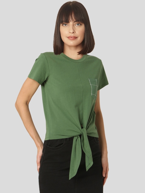 

Vero Moda Women Green Solid Round Neck Viscose Rayon T-shirt