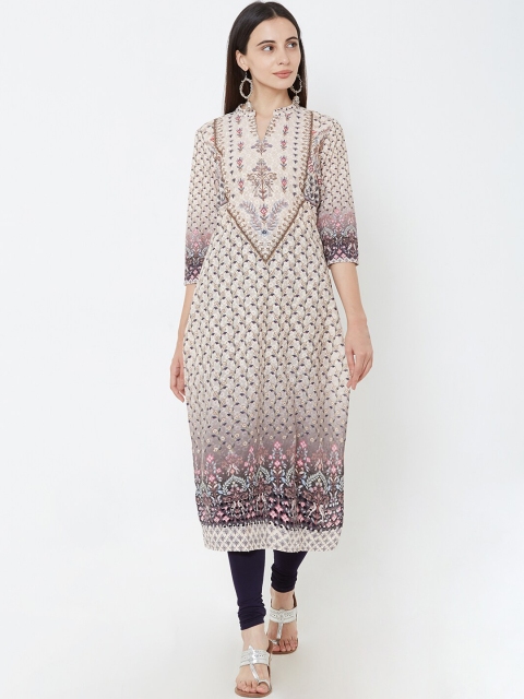 

FASHOR Women Off White & Pink Ethnic Motifs Embroidered Chikankari Kurta