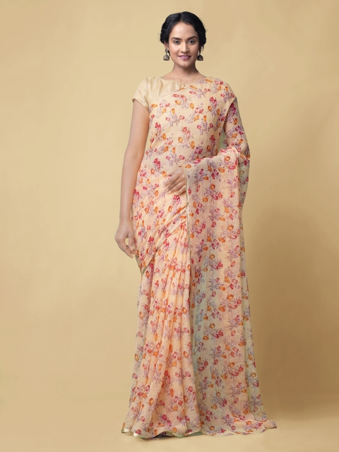 

Unnati Silks Orange Pure Chiffon Printed Baluchari Saree