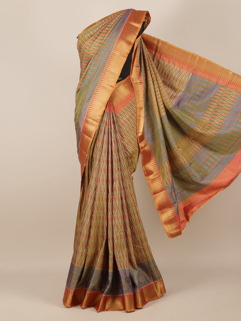 

Pothys Green & Orange Printed Jute Silk Saree