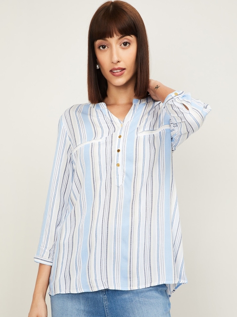 

Fame Forever By Lifestyle Blue & White Striped Mandarin Collar Shirt Style Top
