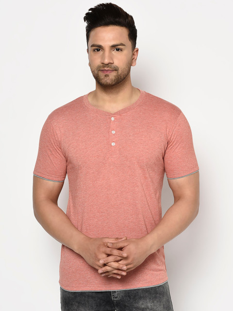 

ELEGANCE Men Peach Solid Henley Neck T-shirt
