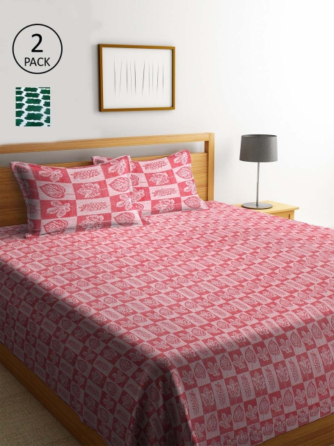 

KLOTTHE Set Of 2 Pink & Green Geometric Double King Bed Covers With 4 Pillow Covers