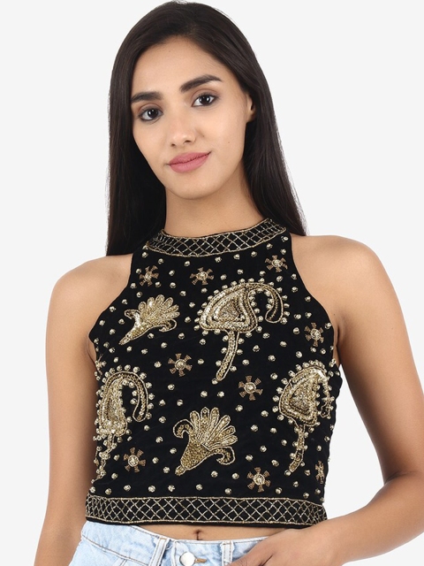 

Diwaah Black Embellished Velvet Regular Crop Top