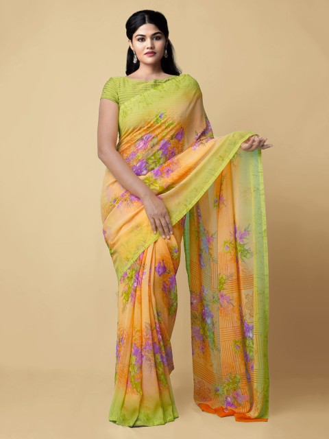 

Unnati Silks Orange Pure Georgette Printed Murshidabad silk Saree