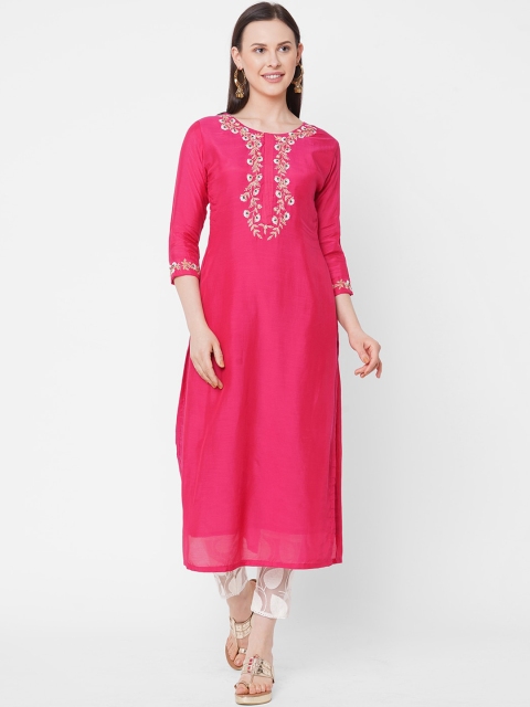 

FASHOR Women Pink & Gold-Toned Floral Yoke Design Thread Work Kurta