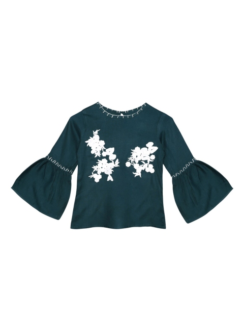 

Ishin Designer Studio Green Floral Embroidered Bell Sleeves A-line Top