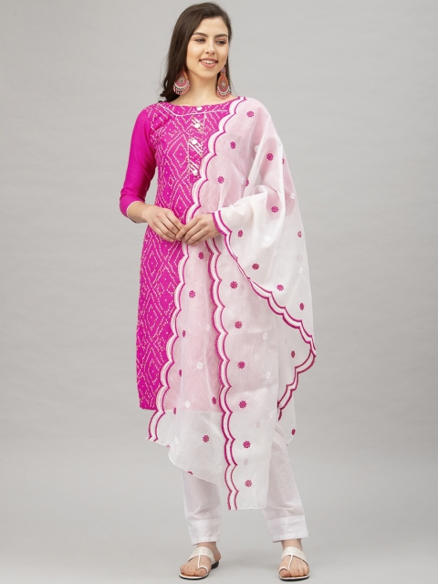 

Satrani Pink & White Bandhani Gota Patti Unstitched Dress Material