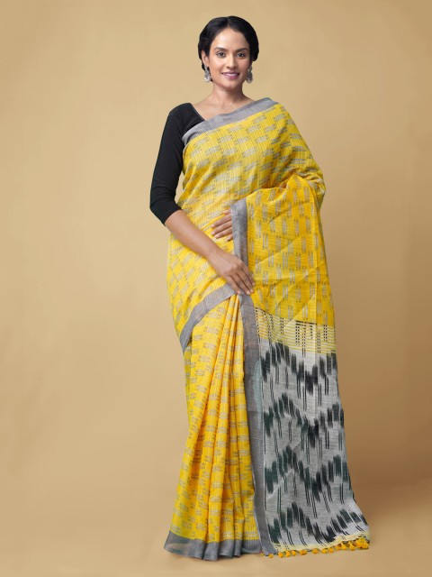 

Unnati Silks Yellow Pure Silk Checked Sambalpuri Saree