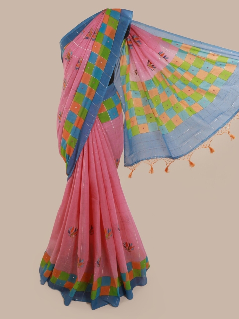 

Pothys Pink & Green Cotton Blend Checked Saree
