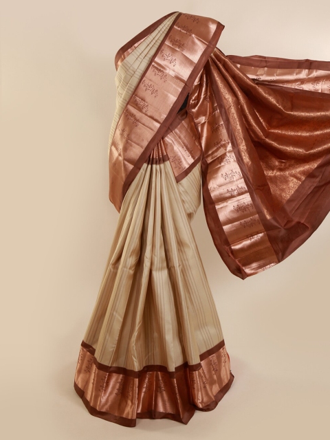 

Pothys Cream-Coloured Pure Silk Striped Kanjeevaram Saree