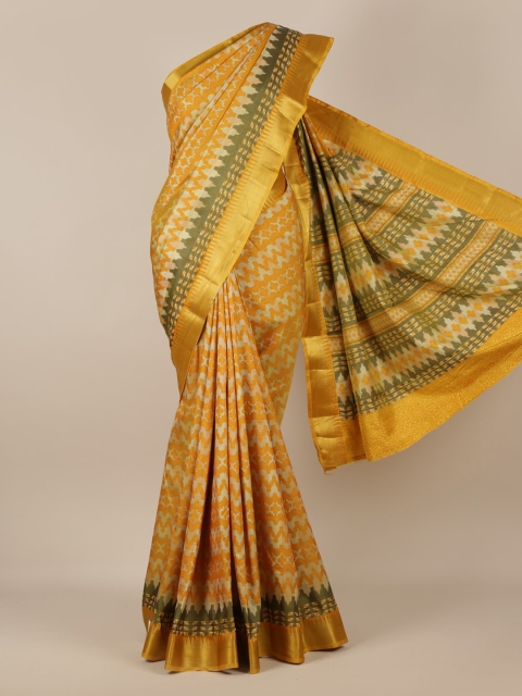 

Pothys Mustard Yellow & Green Jute Silk Printed Saree