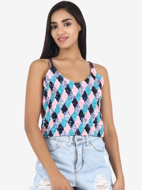 

Diwaah Blue & Pink Embellished Satin Regular Crop Top