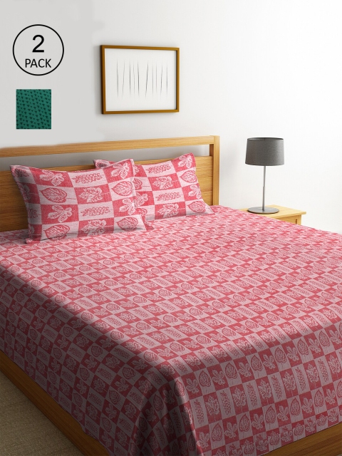 

KLOTTHE Set Of 2 Pink & Green Floral Double King Bed Covers With 4 Pillow Covers