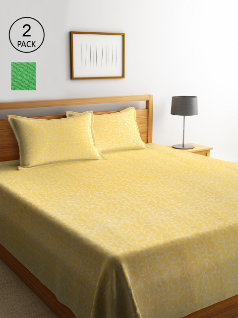 

KLOTTHE Set Of 2 Floral Double King Bed Covers With 4 Pillow Covers, Yellow