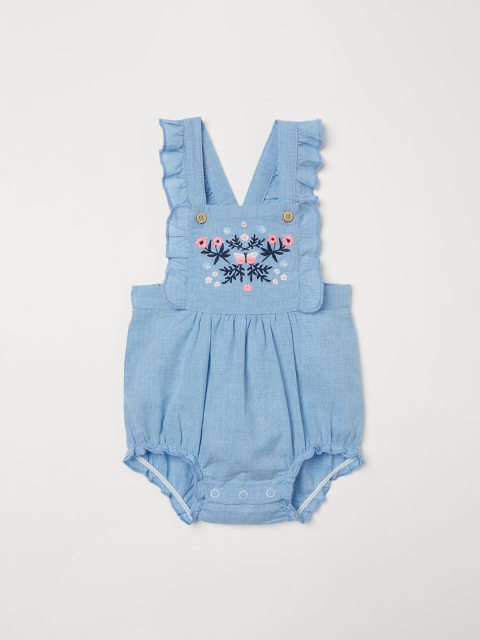 

H&M Girls Blue Solid Frill Trimmed Dungaree Shorts