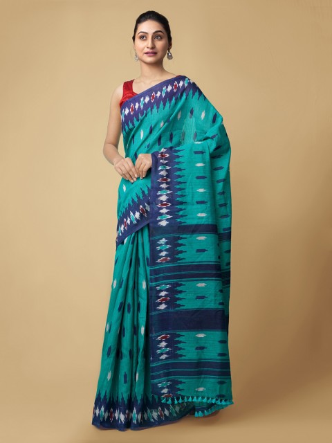 

Unnati Silks Green Pure Silk Striped Sambalpuri Saree