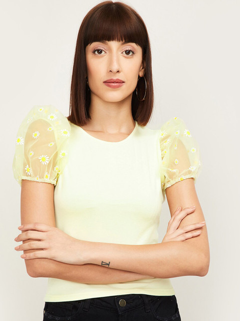 

Ginger By Lifestyle Yellow Puff Sleeves Fitted Top