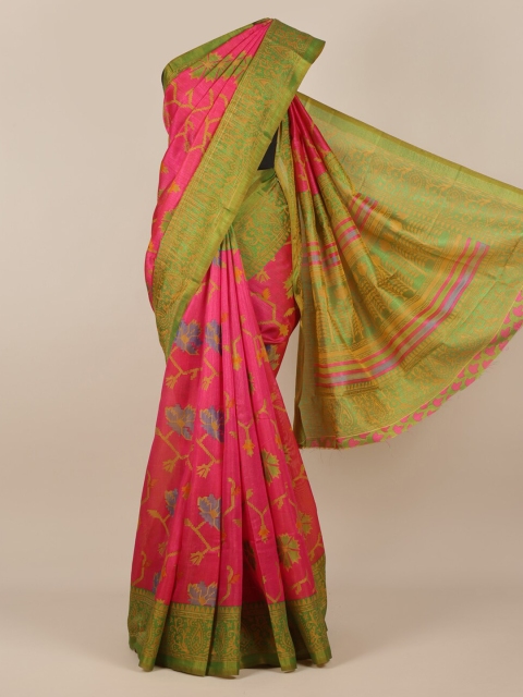 

Pothys Pink & Green Jute Silk Woven Design Saree