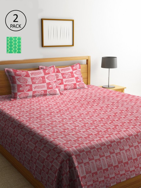

KLOTTHE Set Of 2 Pink & Green Geometric Double Bed Covers With 4 Pillow Covers