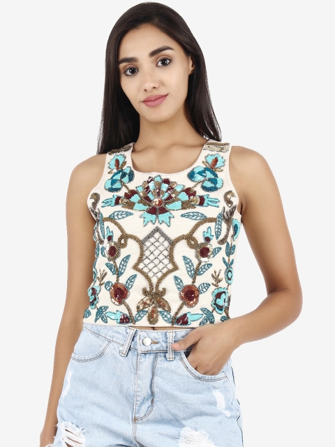 

Diwaah Off White Embellished Cotton Regular Crop Top