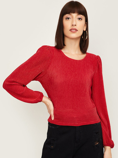 

Ginger By Lifestyle Red Puff Sleeves Pure Cotton Regular Top