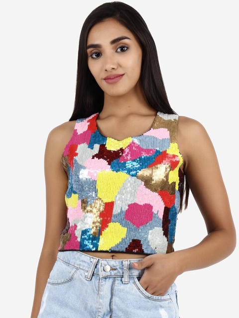 

Diwaah Yellow & Pink Embellished Regular Crop Top