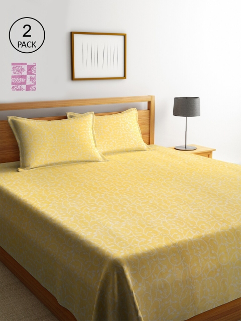 

KLOTTHE Set of 2 Floral Double Bed Covers With 4 Pillow Covers, Yellow