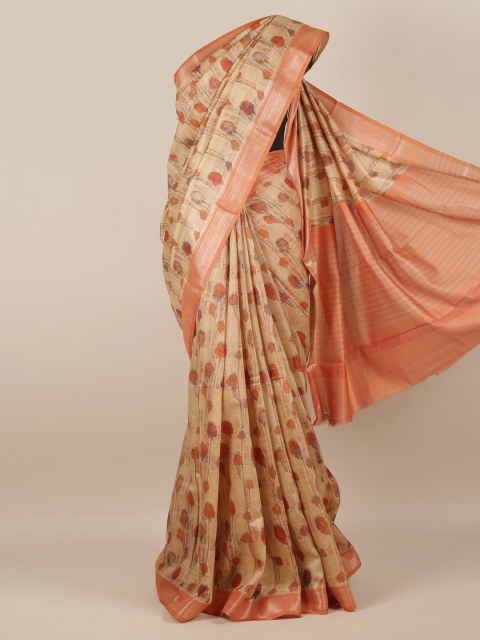 

Pothys Cream-Coloured Printed Jute Silk Saree