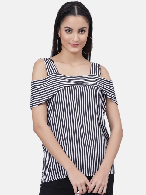 

Fashitale Navy Blue & White Striped Cold-shoulder Sleeves Crepe Bardot Top