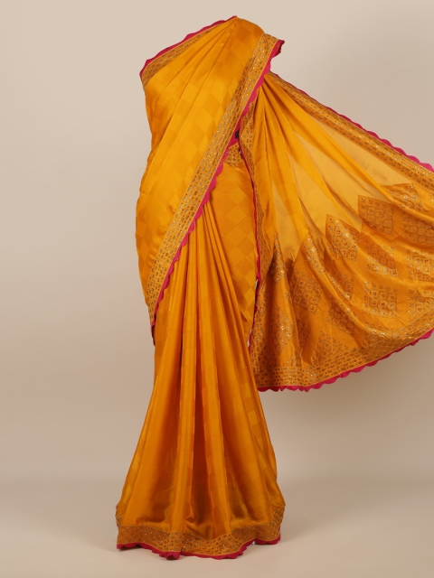 

Pothys Mustard Yellow Checked Poly Chiffon Saree