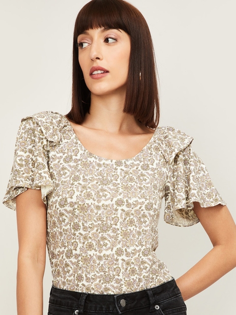

Code By Lifestyle Off White Floral Printed Flared Sleeves Regular Top
