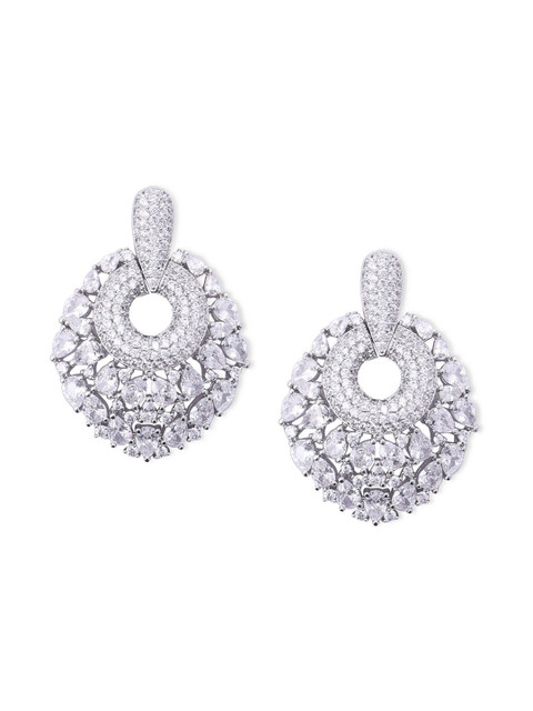 

shaze Silver-Toned Rhodium Plated CZ-Studded Contemporary Drop Earrings