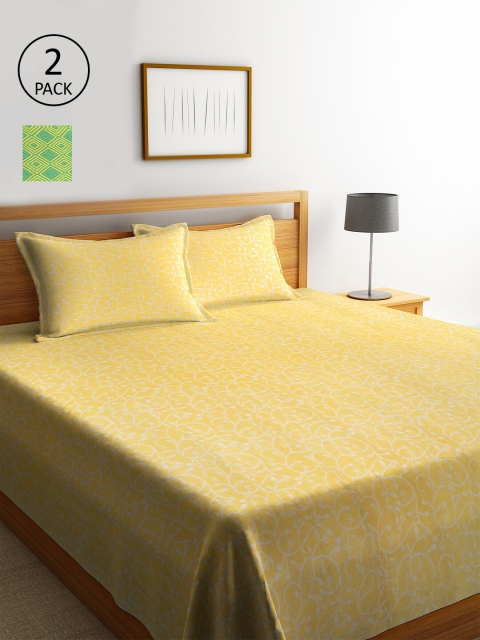 

KLOTTHE Set of 2 Yellow & Green Double King Bed Covers With 4 Pillow Covers