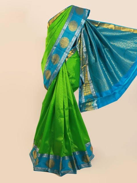 

Pothys Green & Blue Pure Silk Colourblocked Kanjeevaram Saree