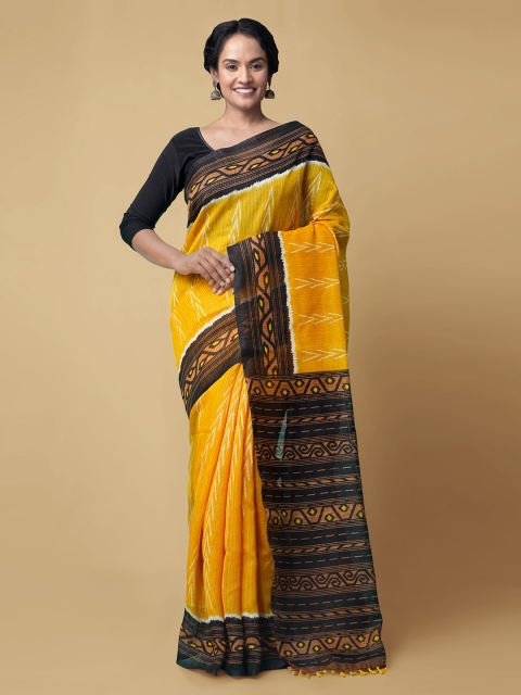 

Unnati Silks Yellow Pure Silk Dyed Sambalpuri Saree